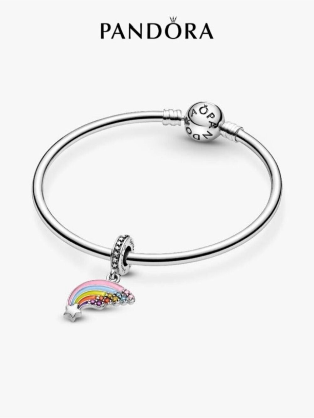 Pandora Silver Bangle with Multicolor Rainbow Star Charm